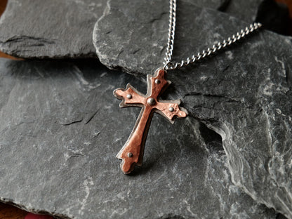 Hand Forged Steel & Copper Fancy Cross * Pectoral Cross Necklace * Hammered Cross Pendant * Christian Gift for Men Women * Riveted Necklace
