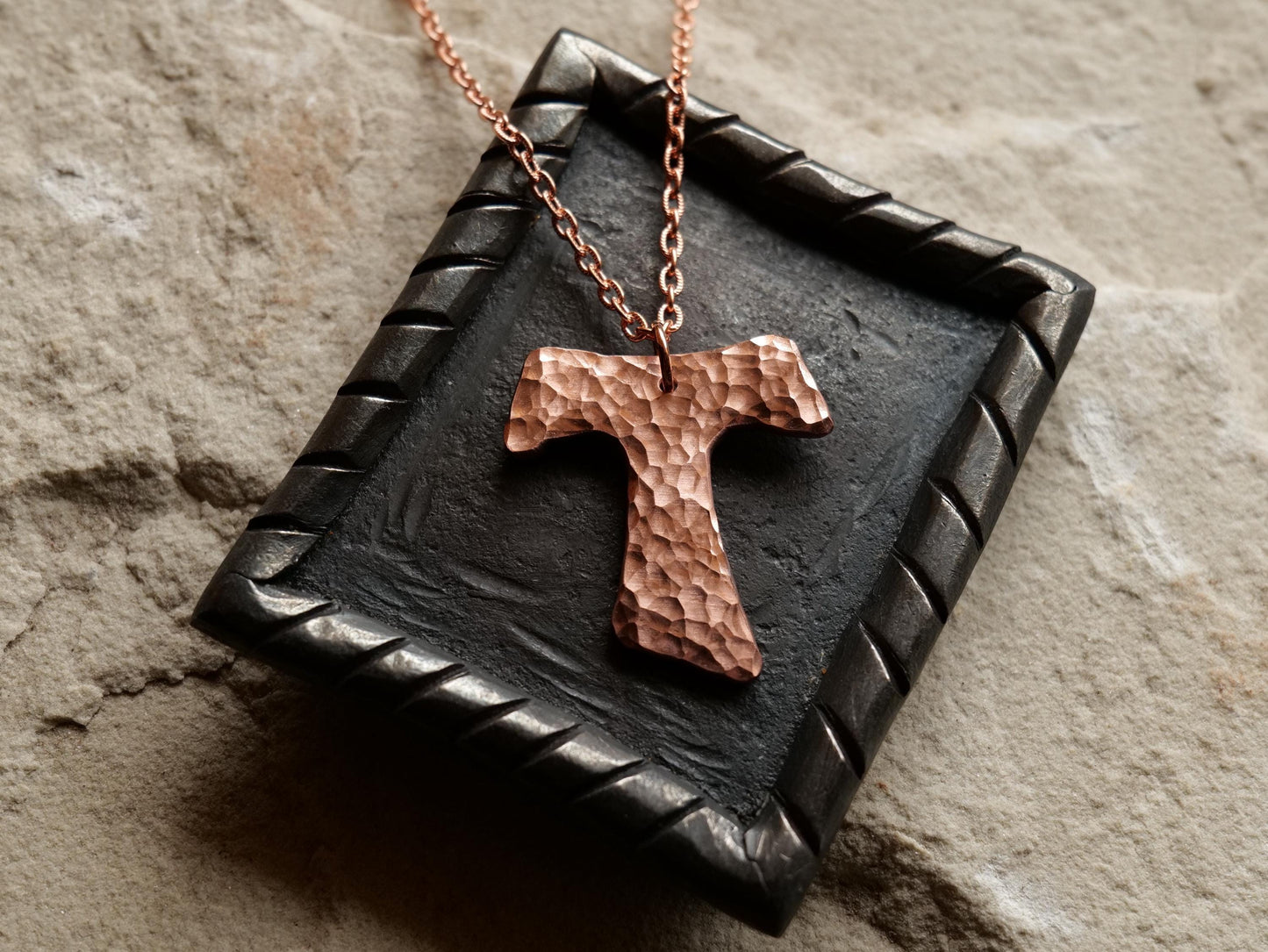 Hammered Raw Copper Fancy Tau Cross Necklace * Saint Francis of Assisi Cross Necklace * Forged Cross Necklace * Franciscan Copper Necklace
