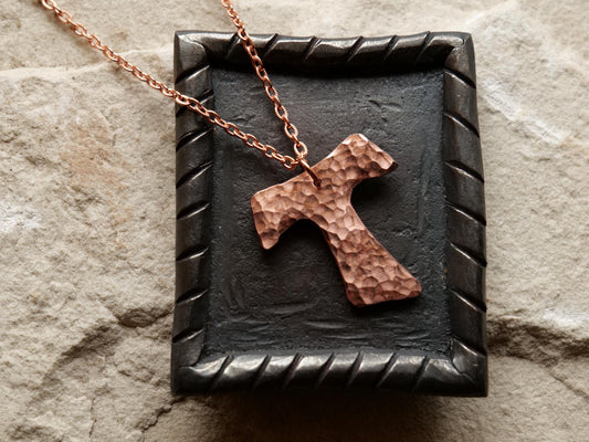 Hammered Raw Copper Fancy Tau Cross Necklace * Saint Francis of Assisi Cross Necklace * Forged Cross Necklace * Franciscan Copper Necklace