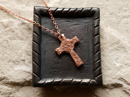Hand Forged Raw Copper Cross * Hammered Cross Pendant * Christian Gift for Men Women *Forged Cross Circle Necklace  Handmade Copper Necklace