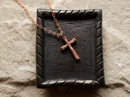 Forged Small Raw Copper Cross * Hammered Cross Pendant * Christian Gift for Men Women * Forged Cross Necklace * Copper Necklace Tapered