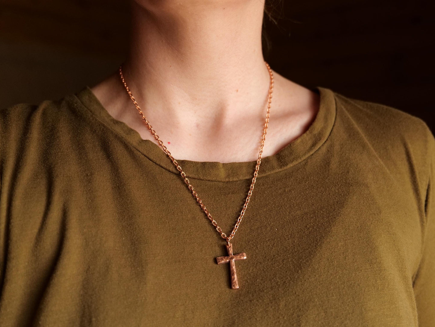 Forged Small Raw Copper Cross * Hammered Cross Pendant * Christian Gift for Men Women * Forged Cross Necklace * Copper Necklace Tapered