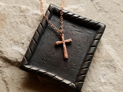 Forged Small Raw Copper Cross * Hammered Cross Pendant * Christian Gift for Men Women * Forged Cross Necklace * Copper Necklace Tapered