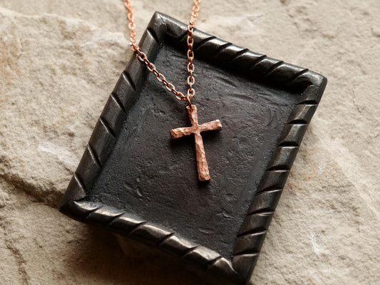 Forged Small Raw Copper Cross * Hammered Cross Pendant * Christian Gift for Men Women * Forged Cross Necklace * Copper Necklace Tapered