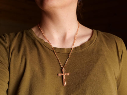 Forged Raw Copper Cross * Hammered Cross Pendant * Christian Gift for Men Women * Forged Cross Necklace * Handmade Tapered Copper Necklace