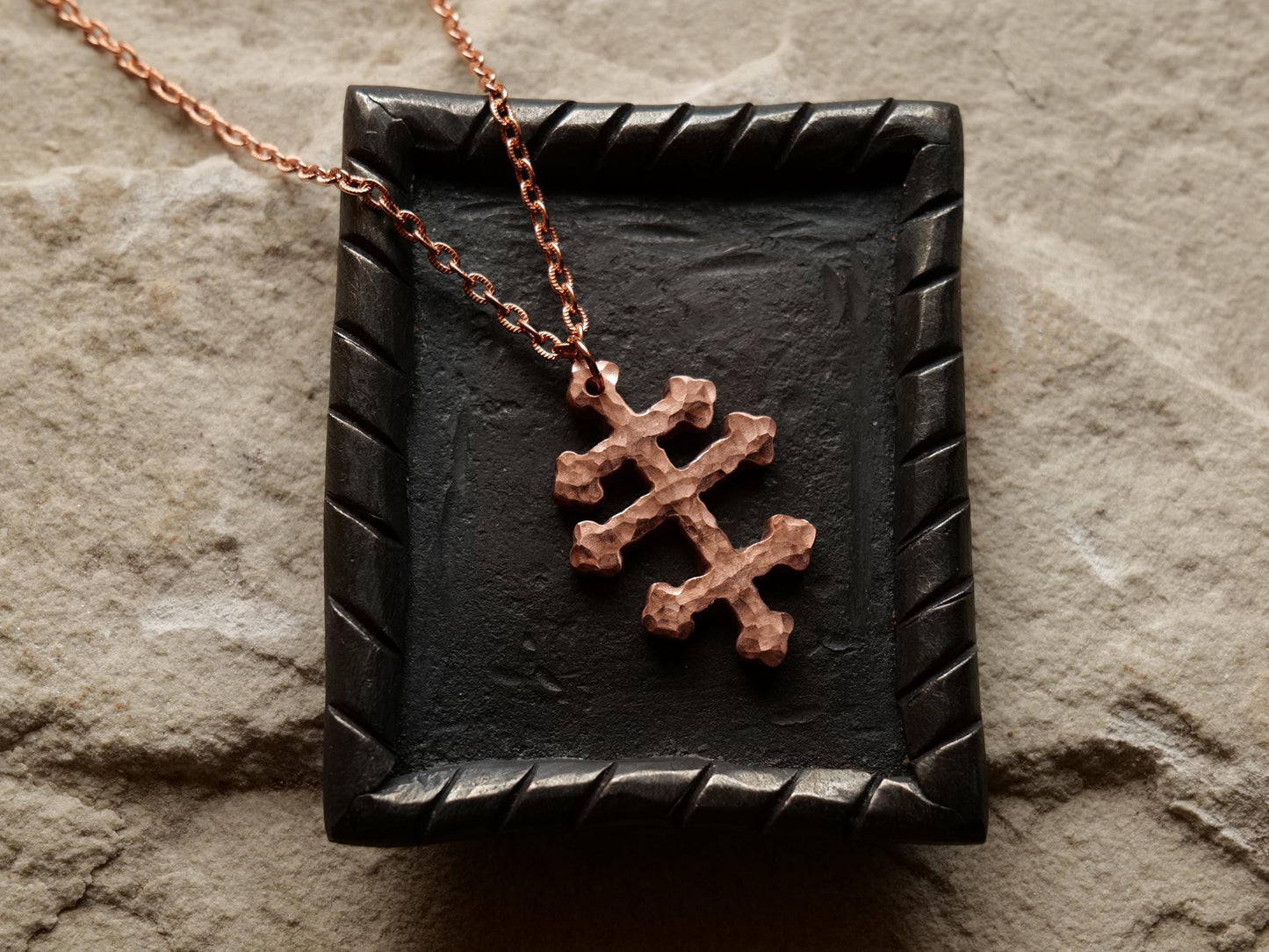 Forged Tri Bar Raw Copper Cross Necklace * Hammered Orthodox Byzantine Catholic Cross Pendant * Gift for Men or Women * Three Bar Cross