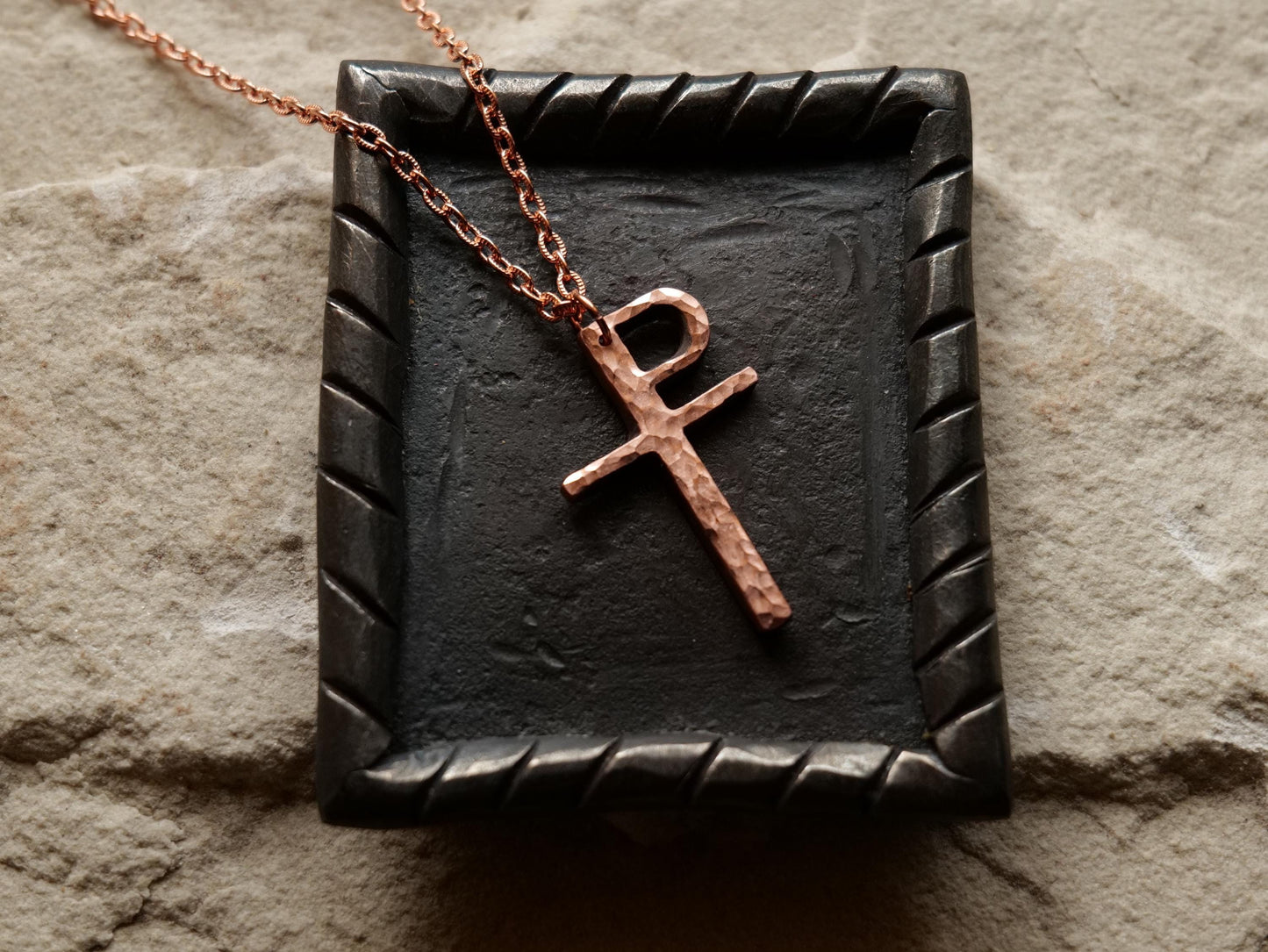 Forged Raw Copper Monogrammatic Cross * Tau-Rho Cross Pendant * Gift for Men or Women * Forged Cross Necklace * Handmade Copper Necklace
