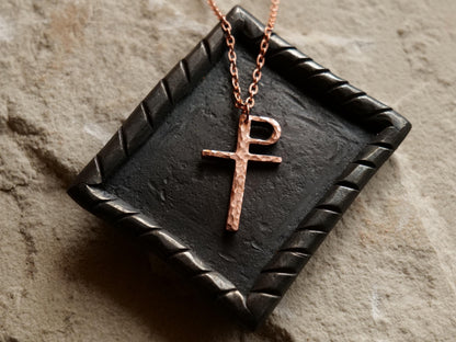 Forged Raw Copper Monogrammatic Cross * Tau-Rho Cross Pendant * Gift for Men or Women * Forged Cross Necklace * Handmade Copper Necklace
