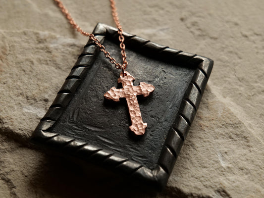 Forged Fleur De Lis Cross Necklace * Forged Raw Copper Cross * Hammered Cross Pendant * Christian Gift for Men or Women * Copper Necklace
