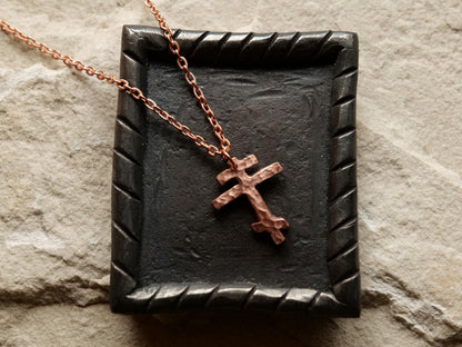 Forged Small Tri Bar Raw Copper Cross Necklace * Hammered Orthodox Cross Pendant * Christian Gift for Men or Women * Forged Three Bar Cross