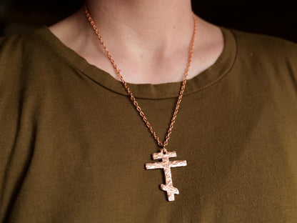 Large Tri Bar Raw Copper Cross Necklace * Hammered Orthodox Cross Pendant * Christian Gift for Men or Women *Forged Three Bar Cross Necklace