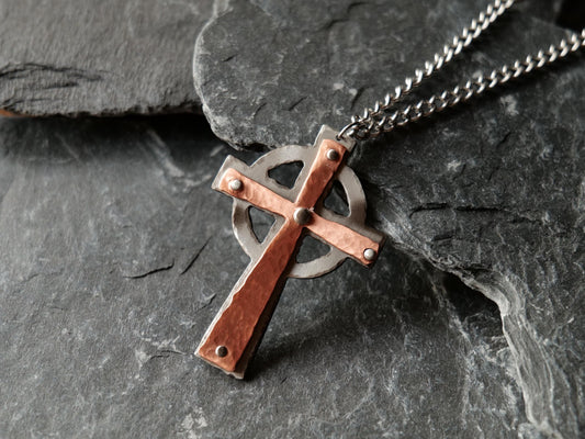 Hand Forged Steel & Copper Celtic Cross * Pectoral Cross Necklace * Hammered Cross Pendant * Christian Gift for Men Women *Riveted Necklace