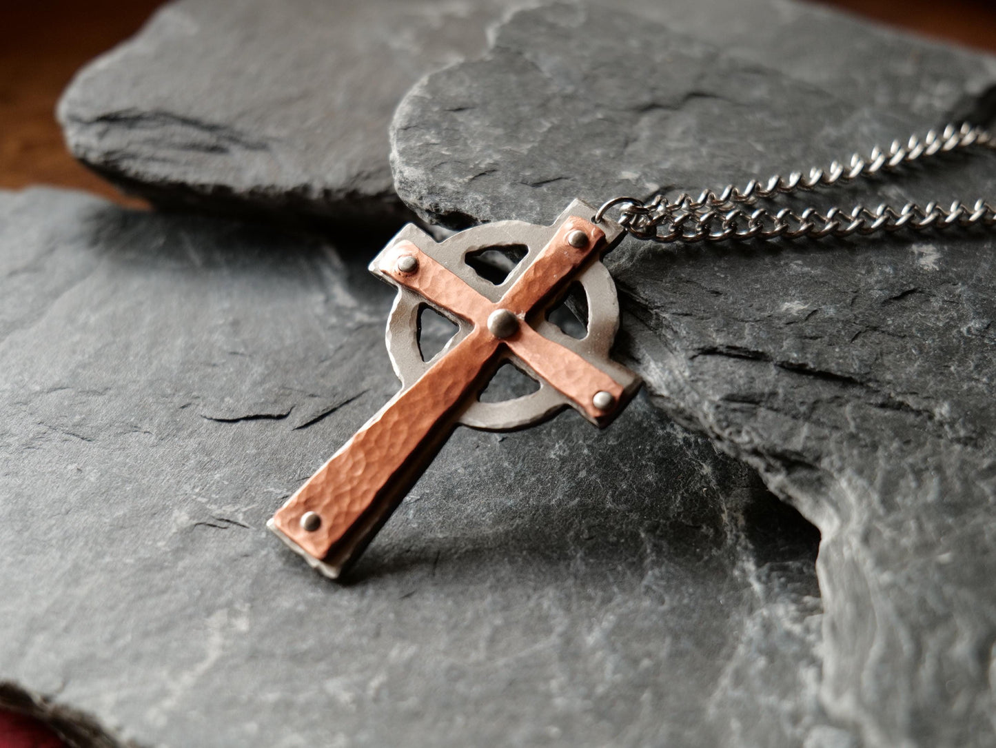 Hand Forged Steel & Copper Celtic Cross * Pectoral Cross Necklace * Hammered Cross Pendant * Christian Gift for Men Women *Riveted Necklace