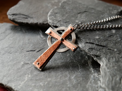 Hand Forged Steel & Copper Celtic Cross * Pectoral Cross Necklace * Hammered Cross Pendant * Christian Gift for Men Women *Riveted Necklace