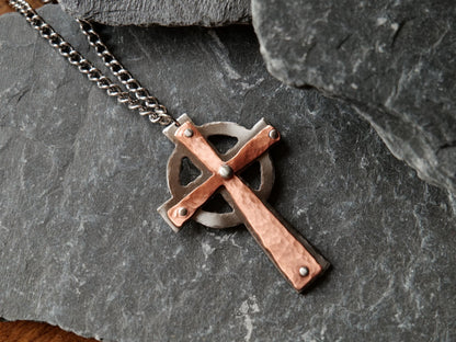Hand Forged Steel & Copper Celtic Cross * Pectoral Cross Necklace * Hammered Cross Pendant * Christian Gift for Men Women *Riveted Necklace