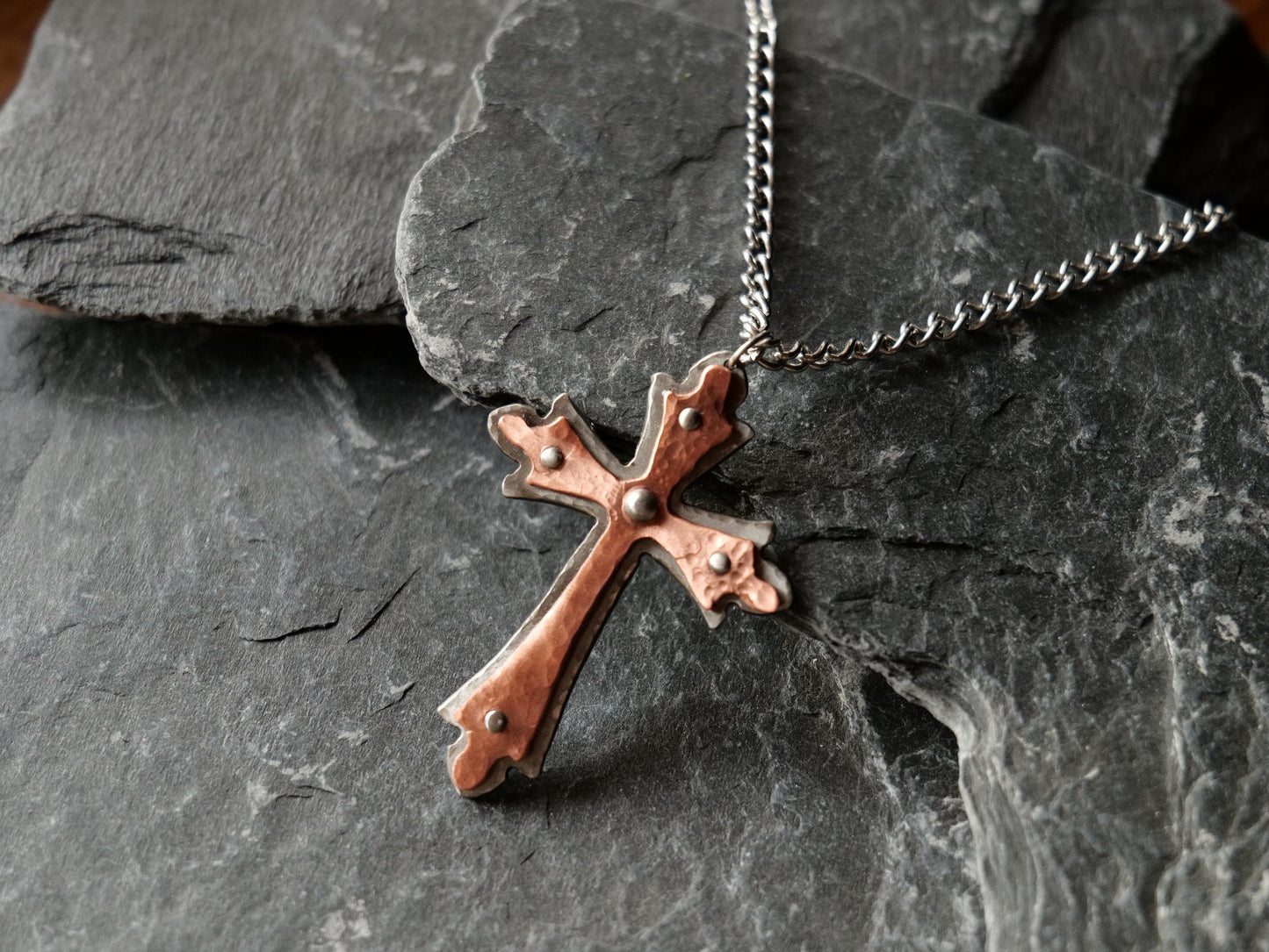 Hand Forged Steel & Copper Fancy Cross * Pectoral Cross Necklace * Hammered Cross Pendant * Christian Gift for Men Women * Riveted Necklace