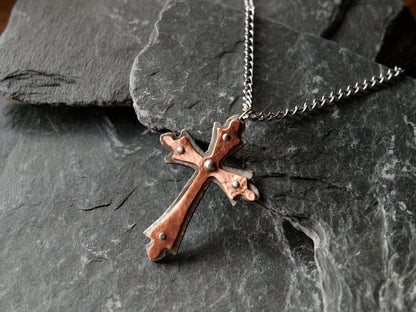 Hand Forged Steel & Copper Fancy Cross * Pectoral Cross Necklace * Hammered Cross Pendant * Christian Gift for Men Women * Riveted Necklace