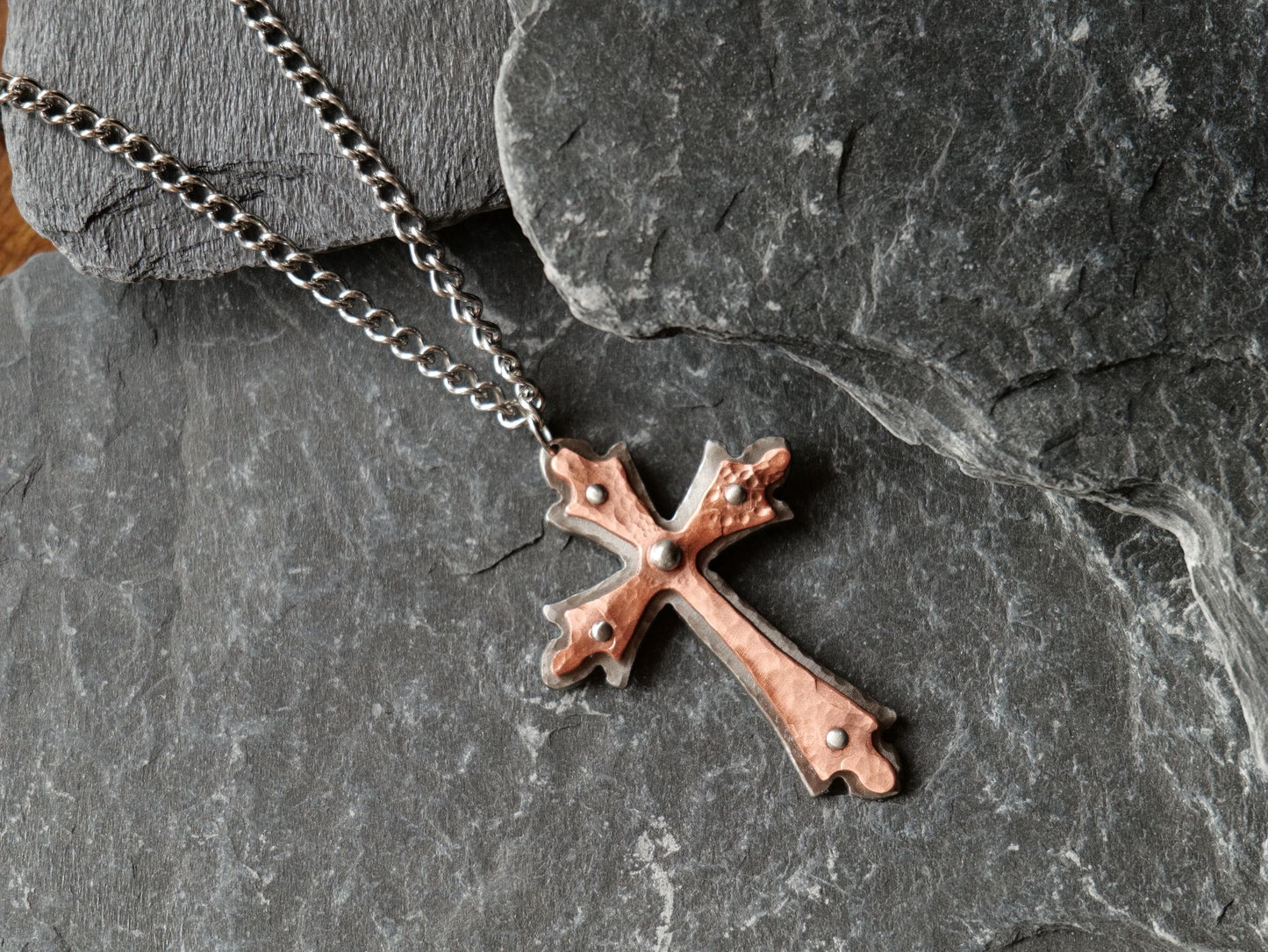 Hand Forged Steel & Copper Fancy Cross * Pectoral Cross Necklace * Hammered Cross Pendant * Christian Gift for Men Women * Riveted Necklace