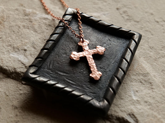 Hammered Raw Copper Catholic Cross * Orthodox Cross Pendant * Gift for Men or Women * Forged Cross Necklace * Handmade Pure Copper Necklace