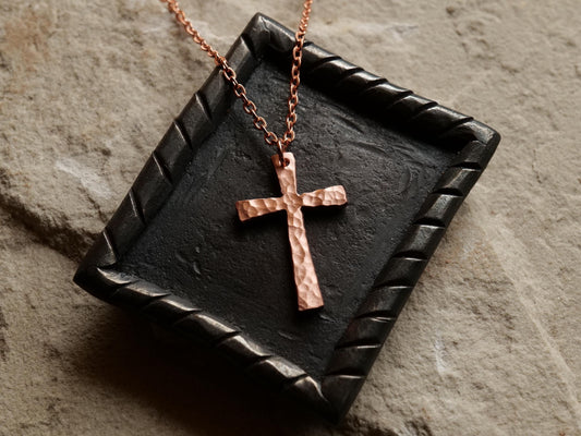 Forged Raw Copper Cross * Hammered Cross Pendant * Christian Gift for Men Women * Forged Cross Necklace * Handmade Tapered Copper Necklace