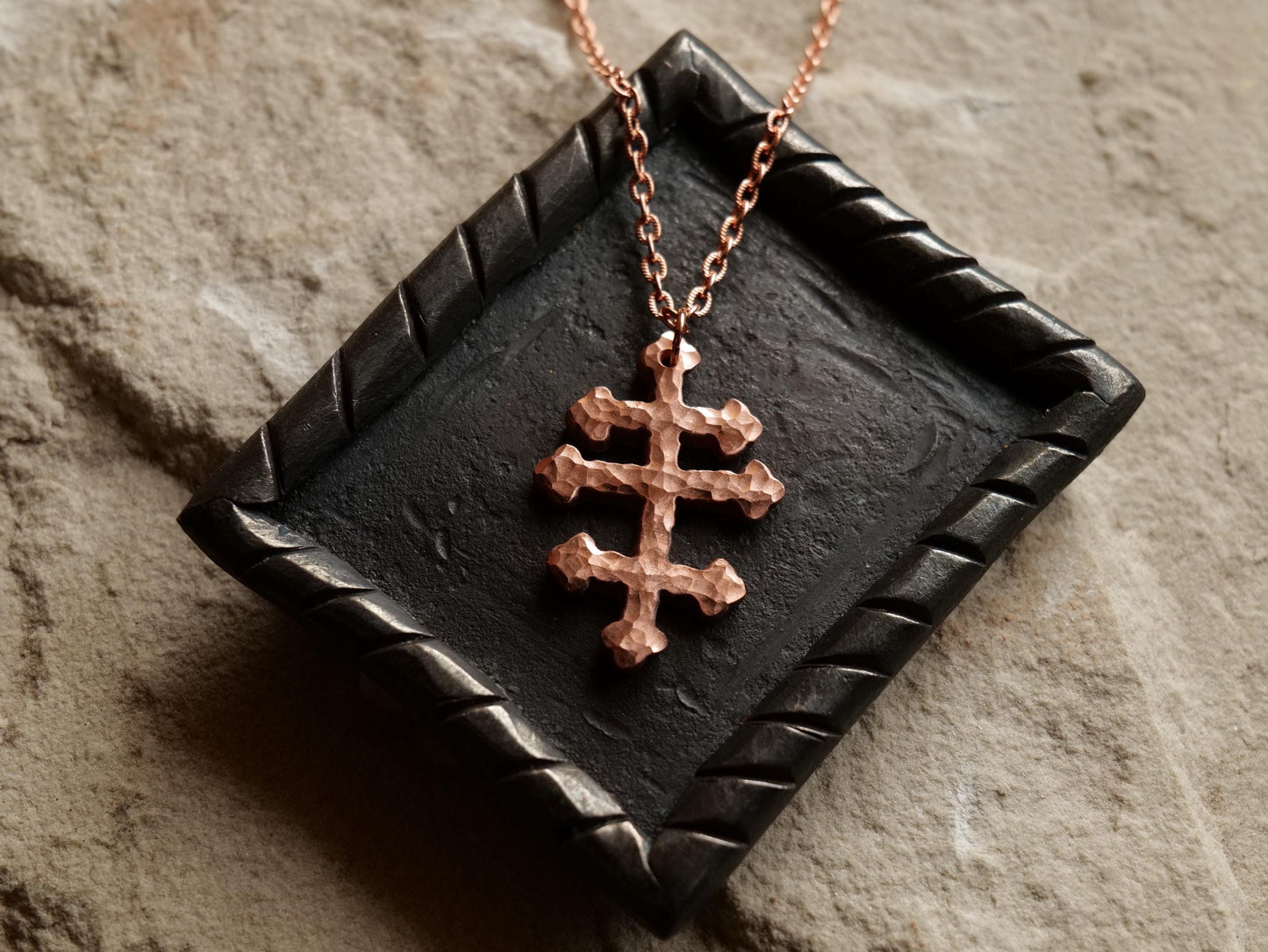 Forged Tri Bar Raw Copper Cross Necklace * Hammered Orthodox Byzantine Catholic Cross Pendant * Gift for Men or Women * Three Bar Cross