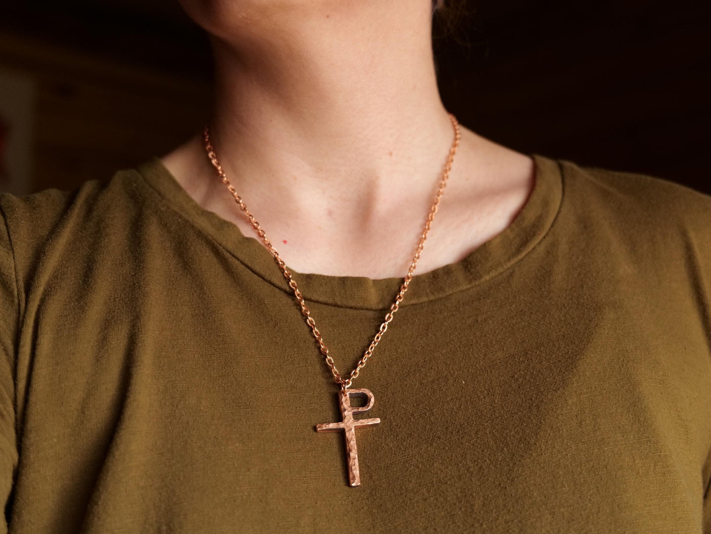 Forged Raw Copper Monogrammatic Cross * Tau-Rho Cross Pendant * Gift for Men or Women * Forged Cross Necklace * Handmade Copper Necklace