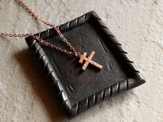 Tiny Forged Raw Copper Patriarchal Cross Necklace * Cross of Lorraine Necklace * Gift for Men or Women * Double Cross Necklace *Slovak Cross