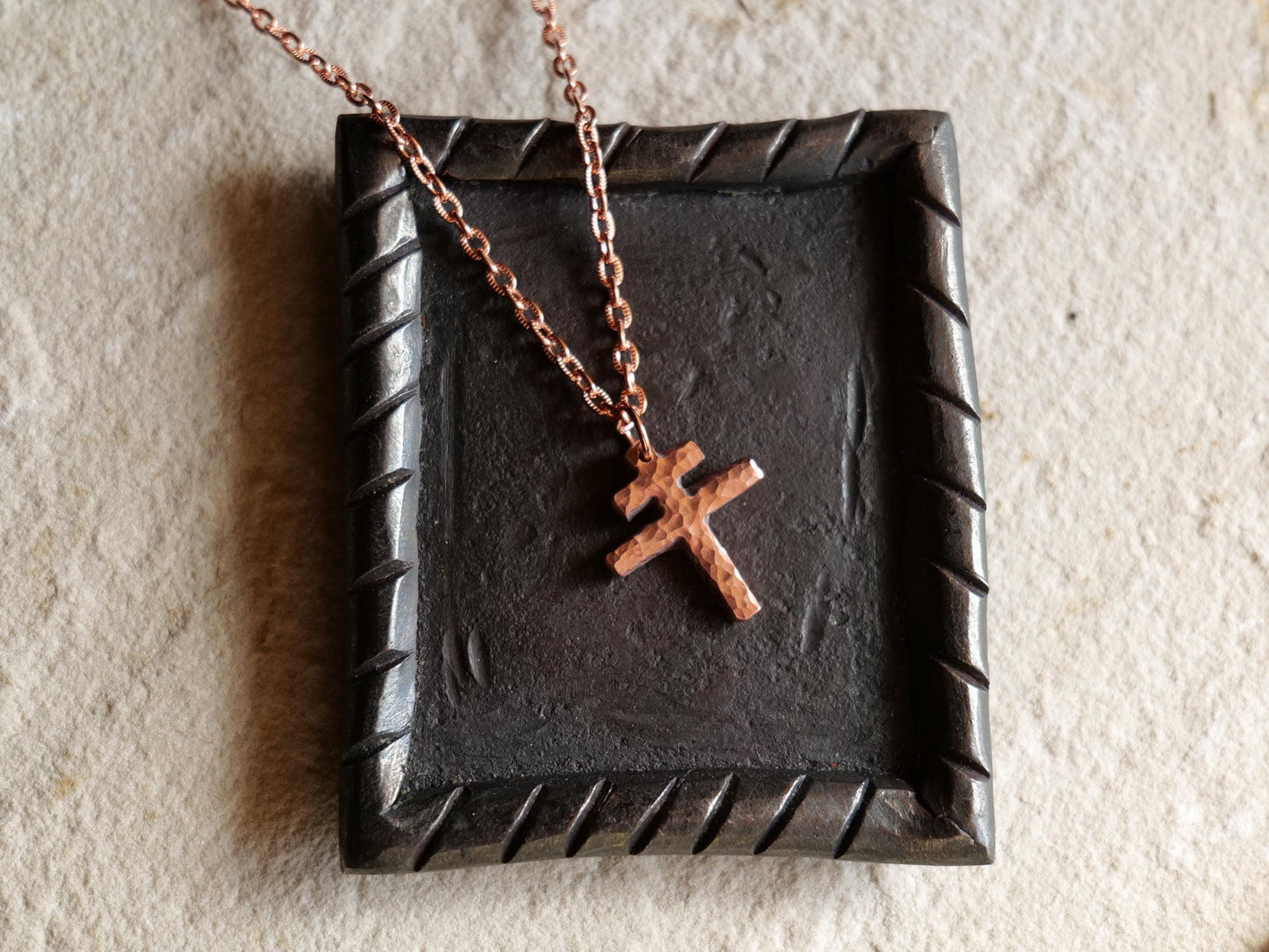 Tiny Forged Raw Copper Patriarchal Cross Necklace * Cross of Lorraine Necklace * Gift for Men or Women * Double Cross Necklace *Slovak Cross