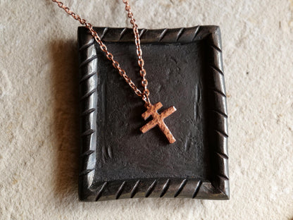 Tiny Forged Raw Copper Patriarchal Cross Necklace * Cross of Lorraine Necklace * Gift for Men or Women * Double Cross Necklace *Slovak Cross