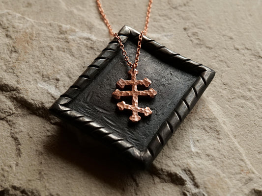 Forged Tri Bar Raw Copper Cross Necklace * Orthodox Cross Pendant * Byzantine Catholic Jewelry * Forged Three Bar Cross Necklace