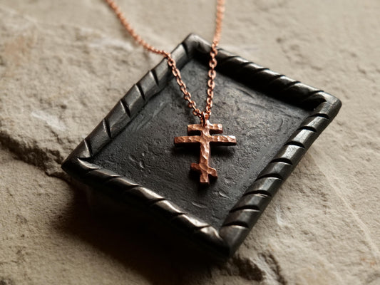 Forged Small Tri Bar Raw Copper Cross Necklace * Hammered Orthodox Cross Pendant * Christian Gift for Men or Women * Forged Three Bar Cross