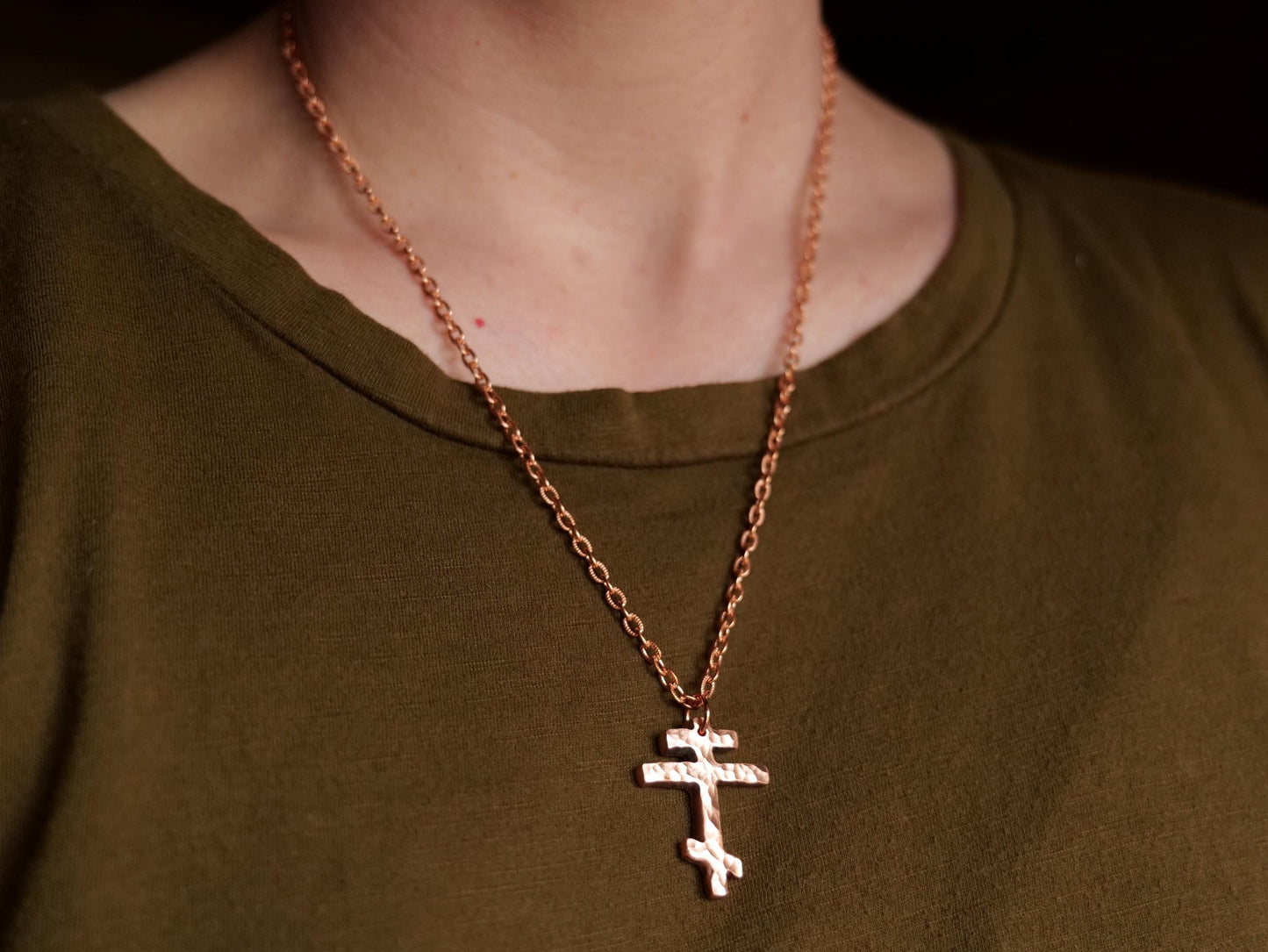 Forged Small Tri Bar Raw Copper Cross Necklace * Hammered Orthodox Cross Pendant * Christian Gift for Men or Women * Forged Three Bar Cross