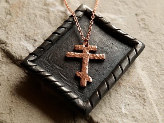 Large Tri Bar Raw Copper Cross Necklace * Hammered Orthodox Cross Pendant * Christian Gift for Men or Women *Forged Three Bar Cross Necklace