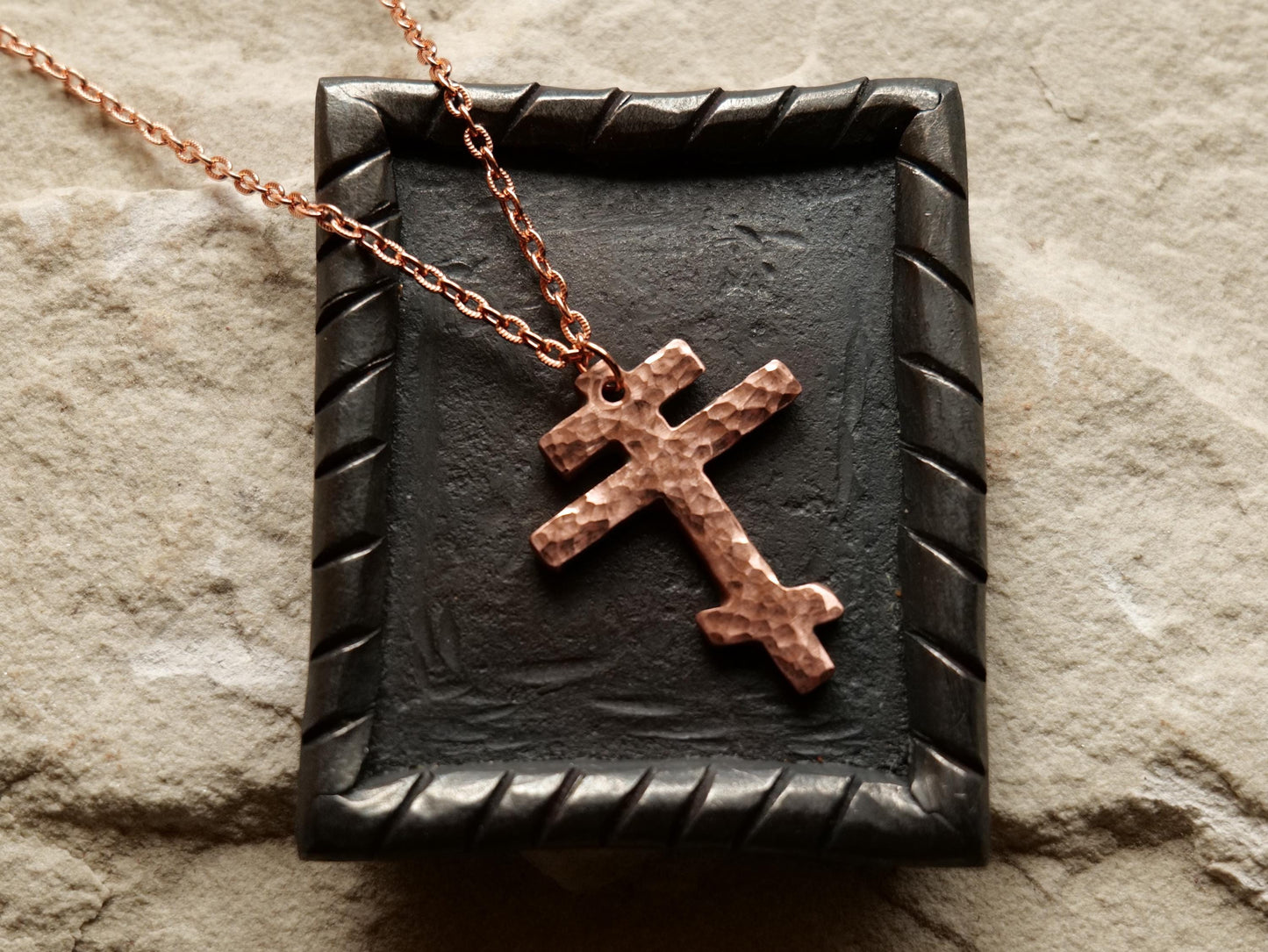 Large Tri Bar Raw Copper Cross Necklace * Hammered Orthodox Cross Pendant * Christian Gift for Men or Women *Forged Three Bar Cross Necklace