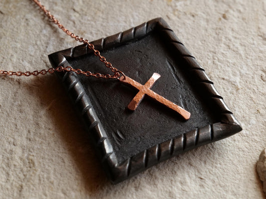 Hand Forged Raw Copper Cross * Skinny Cross Pendant * Christian Gift for Men or Women * Forged Cross Necklace * Handmade Copper Necklace