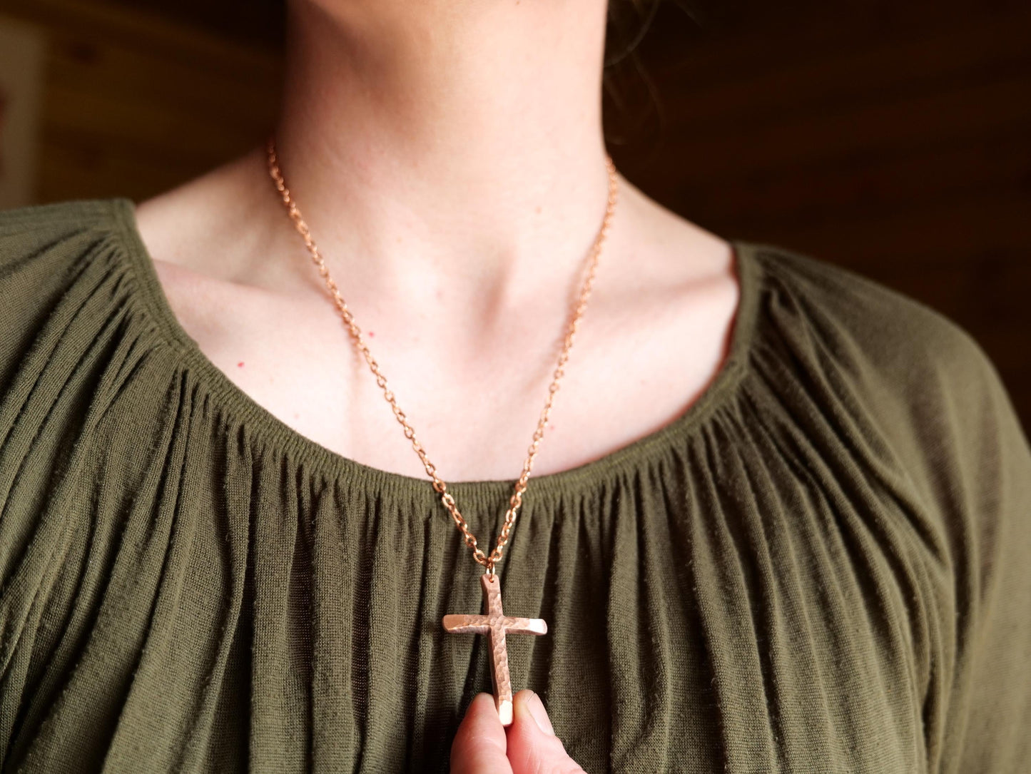 Hand Forged Raw Copper Cross * Skinny Cross Pendant * Christian Gift for Men or Women * Forged Cross Necklace * Handmade Copper Necklace