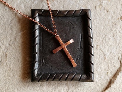 Hand Forged Raw Copper Cross * Skinny Cross Pendant * Christian Gift for Men or Women * Forged Cross Necklace * Handmade Copper Necklace