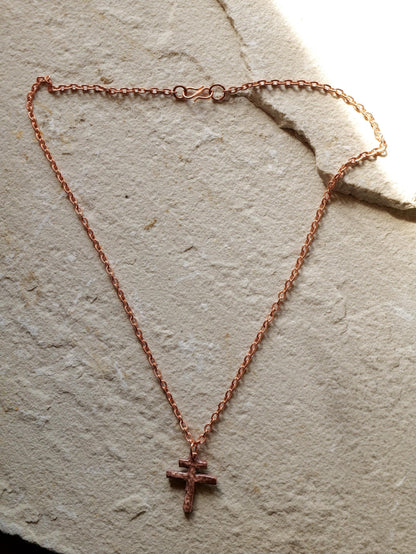 Tiny Forged Raw Copper Patriarchal Cross Necklace * Cross of Lorraine Necklace * Gift for Men or Women * Double Cross Necklace *Slovak Cross