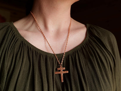 Forged Raw Large Copper Patriarchal Cross Necklace * Cross of Lorraine Necklace * Gift for Men or Women *Double Cross Necklace *Slovak Cross