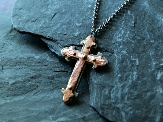 Forged Steel & Copper Fleur De Lis Cross * Pectoral Cross Necklace * Hammered Cross Pendant * Christian Gift for Men Women *Riveted Necklace