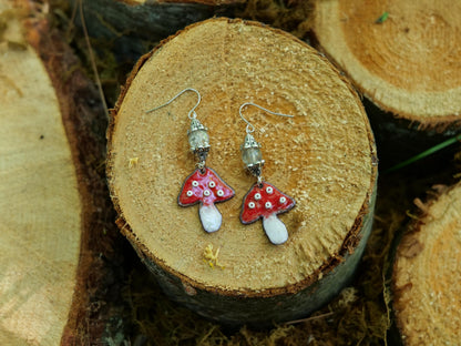 Enameled Red Mushroom Necklace Pendant * Enameled Mushroom Earrings * Handmade Enameled Mushroom Jewelry