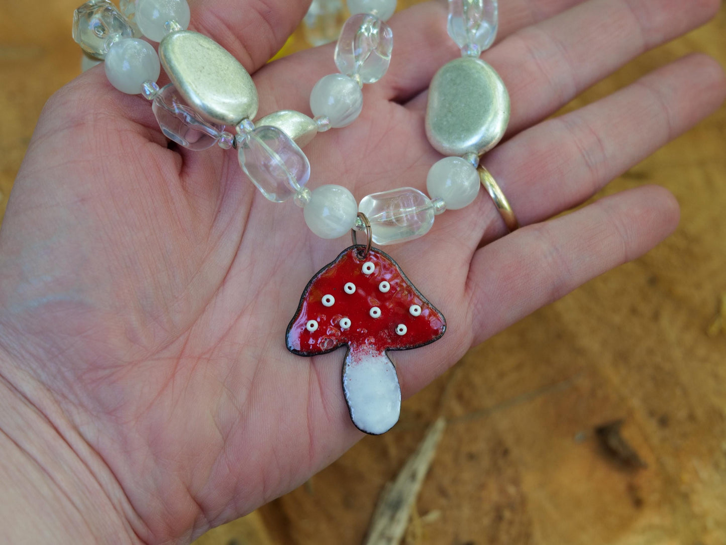 Enameled Red Mushroom Necklace Pendant * Enameled Mushroom Earrings * Handmade Enameled Mushroom Jewelry