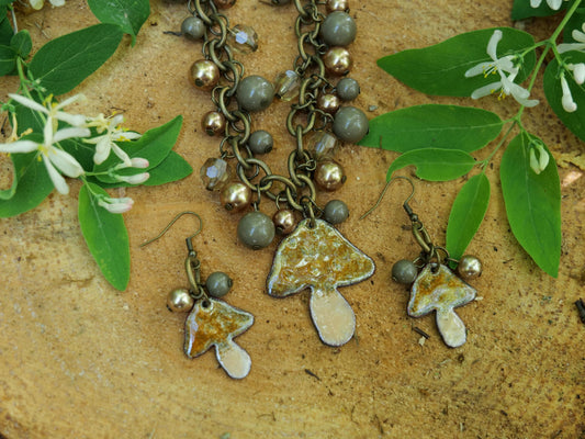 Enameled Brown Mushroom Necklace Pendant * Enameled Mushroom Earrings * Handmade Enameled Mushroom Jewelry