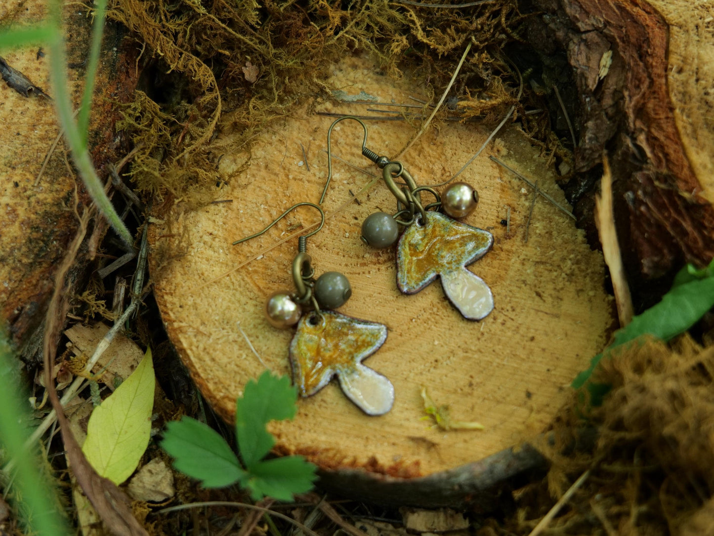 Enameled Brown Mushroom Necklace Pendant * Enameled Mushroom Earrings * Handmade Enameled Mushroom Jewelry