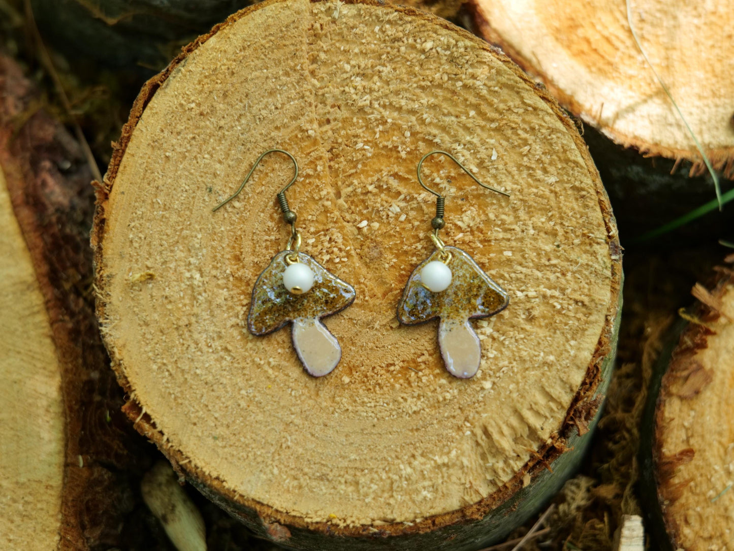 Enameled Brown Mushroom Necklace Pendant * Enameled Mushroom Earrings * Handmade Enameled Mushroom Jewelry