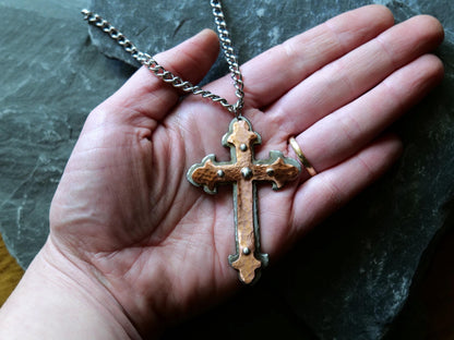 Forged Steel & Copper Fleur De Lis Cross * Pectoral Cross Necklace * Hammered Cross Pendant * Christian Gift for Men Women *Riveted Necklace