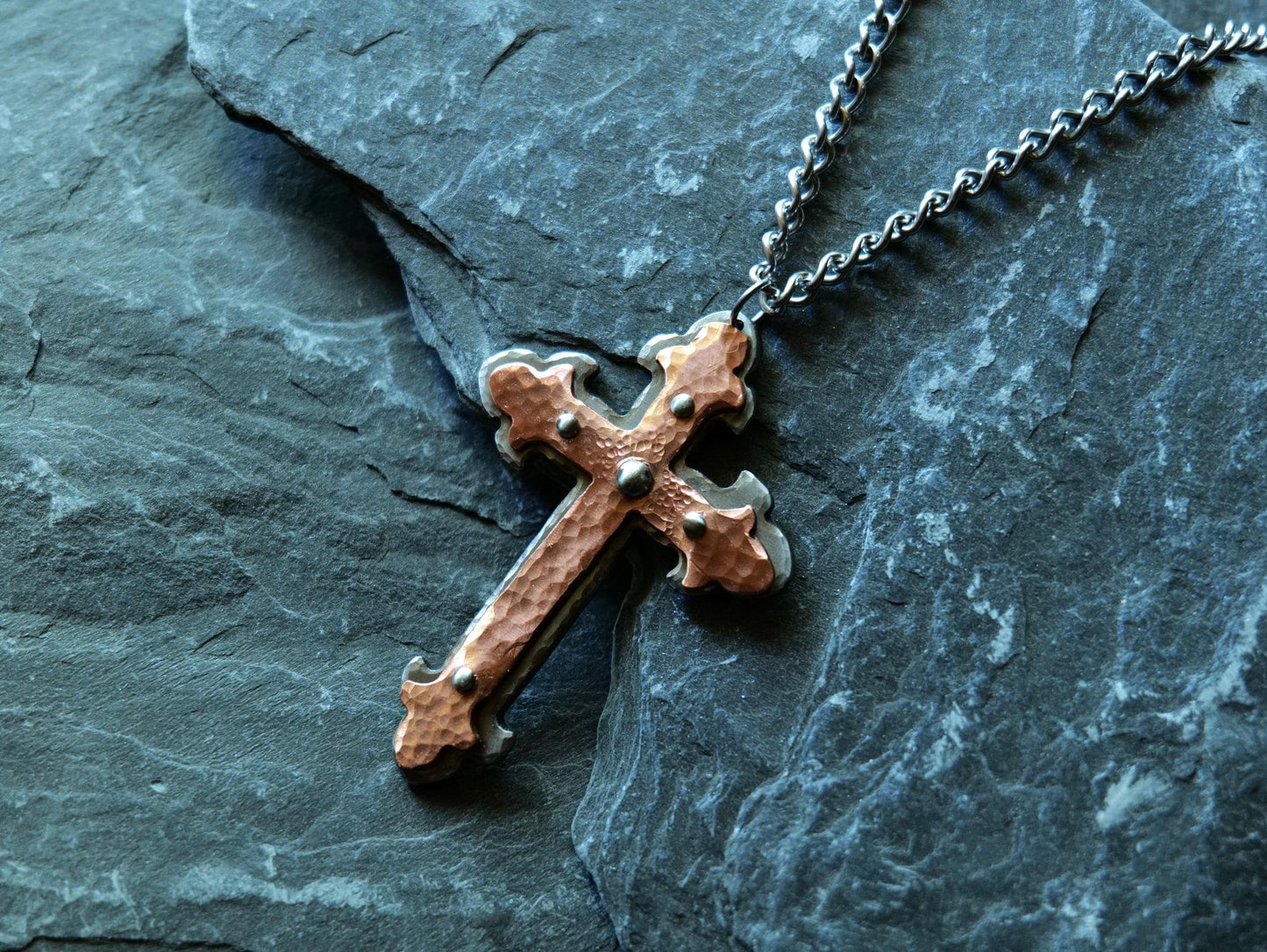 Forged Steel & Copper Fleur De Lis Cross * Pectoral Cross Necklace * Hammered Cross Pendant * Christian Gift for Men Women *Riveted Necklace