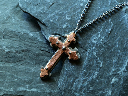 Forged Steel & Copper Fleur De Lis Cross * Pectoral Cross Necklace * Hammered Cross Pendant * Christian Gift for Men Women *Riveted Necklace