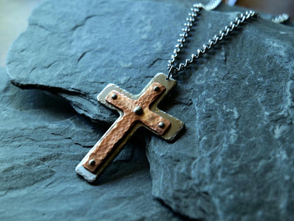 Hand Forged Steel & Copper Basic Cross * Pectoral Cross Necklace * Hammered Cross Pendant * Christian Gift for Men Women * Riveted Necklace
