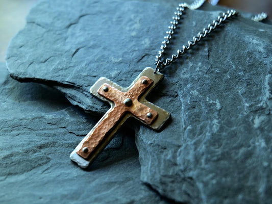 Hand Forged Steel & Copper Basic Cross * Pectoral Cross Necklace * Hammered Cross Pendant * Christian Gift for Men Women * Riveted Necklace